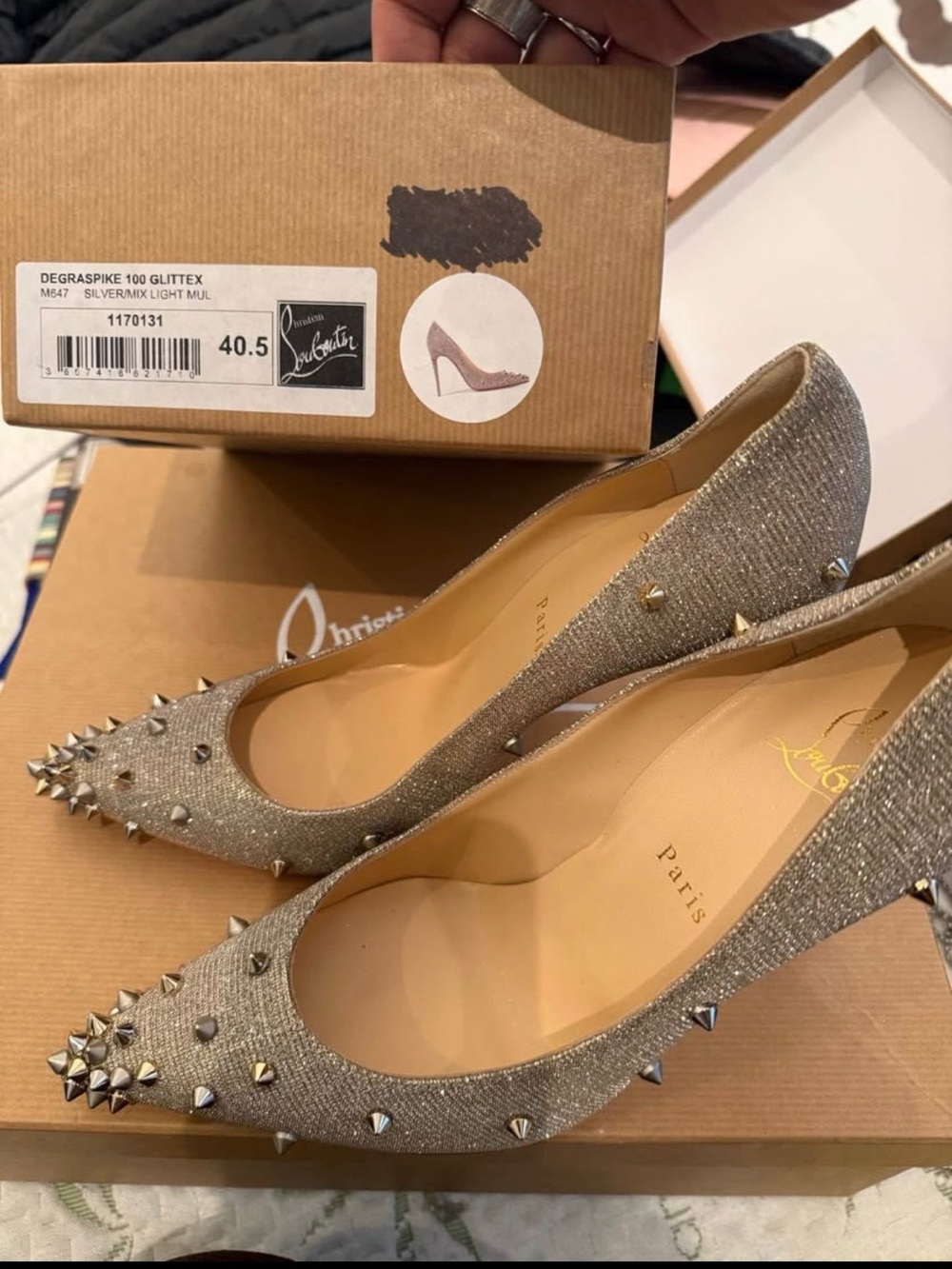 NIB US 10.5 Christian Louboutin Silver Glitter Spike Pointed Toe Pumps